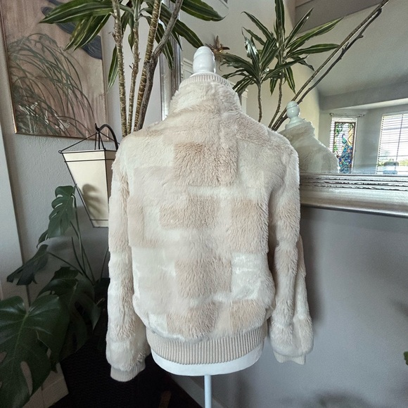 Vintage 90s ESPRIT Checkered Faux Fur Coat Bomber Jacket Mob Wife Size Medium - Picture 4 of 10
